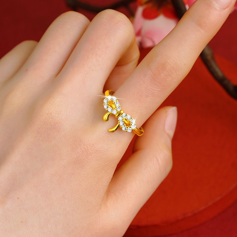 Goldkingdom Fashion Perhiasan 24 K Bangkok Aksesoris Ready Stock Busur Jari Telunjuk Cincin Micro Berlian Bertatahkan Ginkgo Daun Mulut Hidup Cincin Untuk Wanita