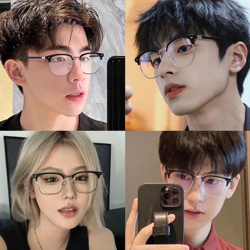 (YUZHU) Indah Mode Tinggi Logam Bulat Persegi Grame Kacamata Anti Cahaya Biru Alis Bingkai Setengah Rim Eyeglasses