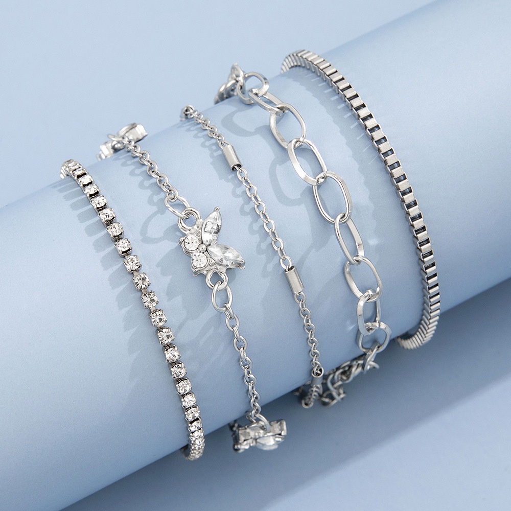Individual Mode Sederhana Lady Point Diamond Butterfly Rantai Tembaga Bertatahkan Berlian Cakar Rantai Manual Multi-layer Gelang Kombinasi Set