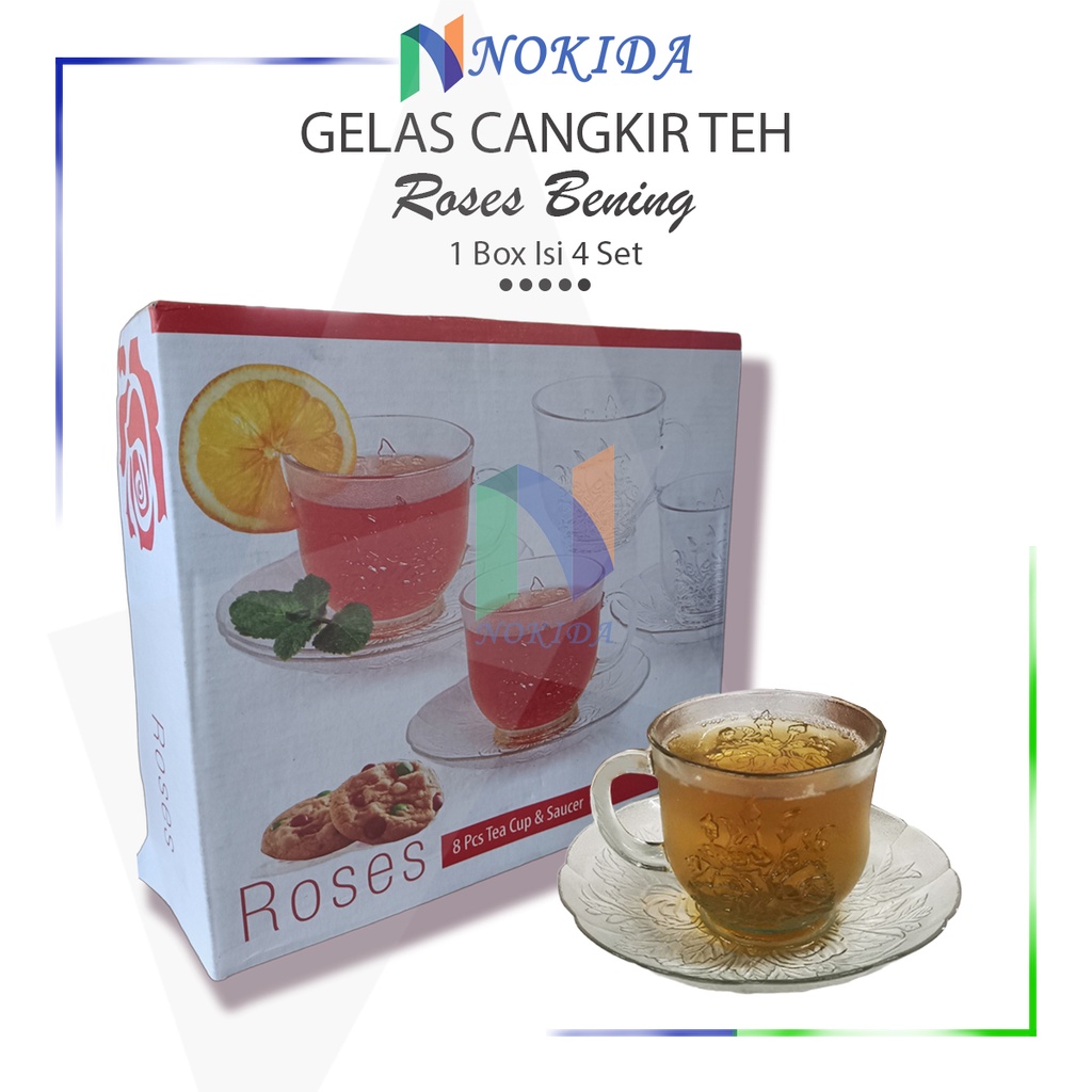 Nokida 1 Set Cangkir Teh [1 Box] / Gelas Kopi Kecil Transparan / Piring Alas Gelas Air Minum Motif B