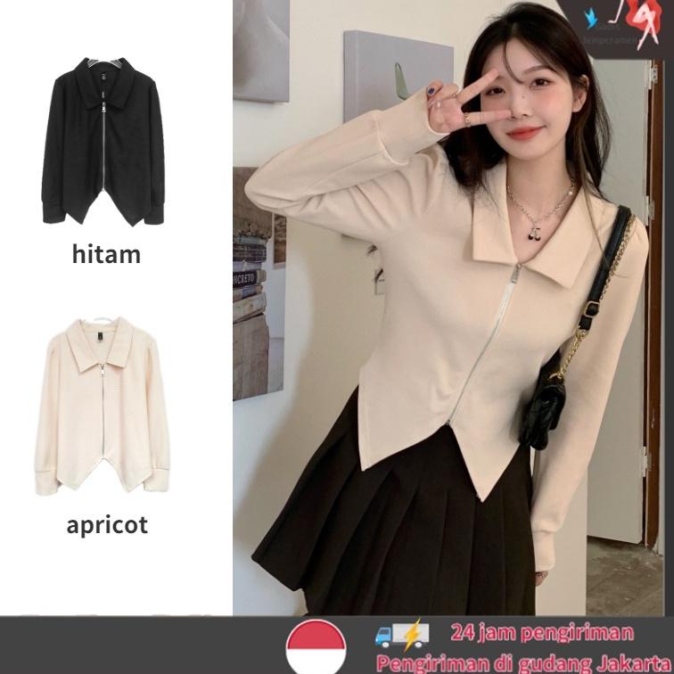 Menarik Outer Crop Korea Style Resleting Cardan Wanita Lengan Panjang