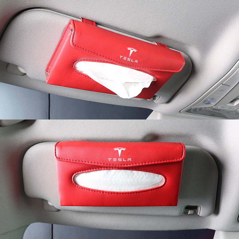 Tesla Model 3y S X Tempat Penyimpanan Tisu Sun Visor Mobil Auto Paper Towel Leather Tissue Box