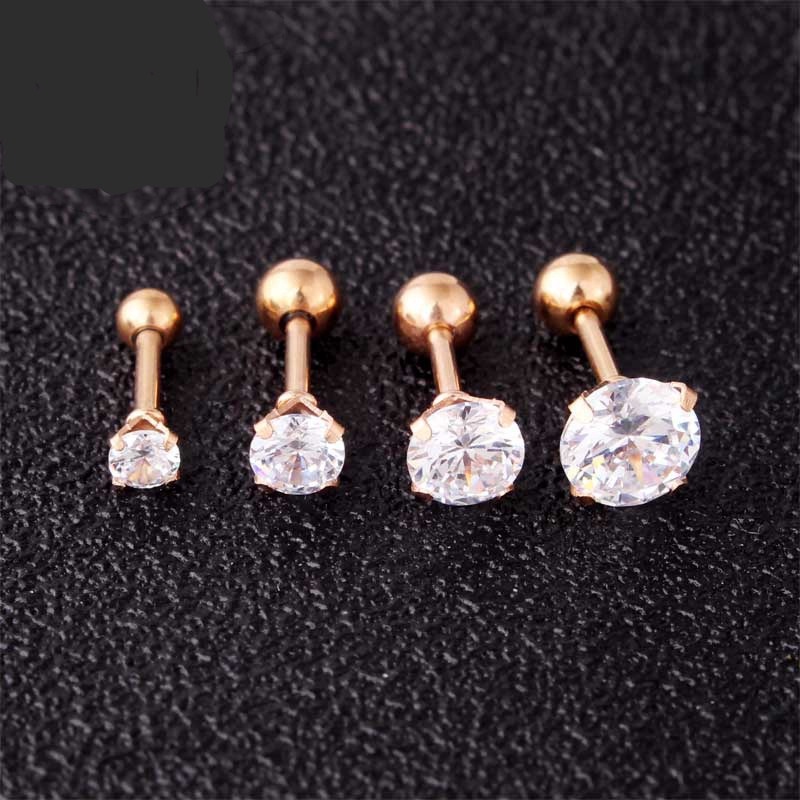 Anting Stud Berlian Zircon Bahan Titanium Steel Warna Rose Gold / Silver / Hitam / Emas