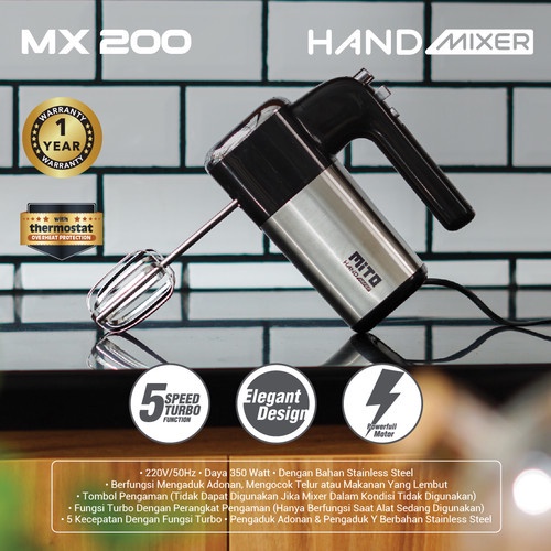 Hand Mixer MX200 Mixer Tangan Pengaduk Adonan Kue 5 Kecepatan Turbo MITO