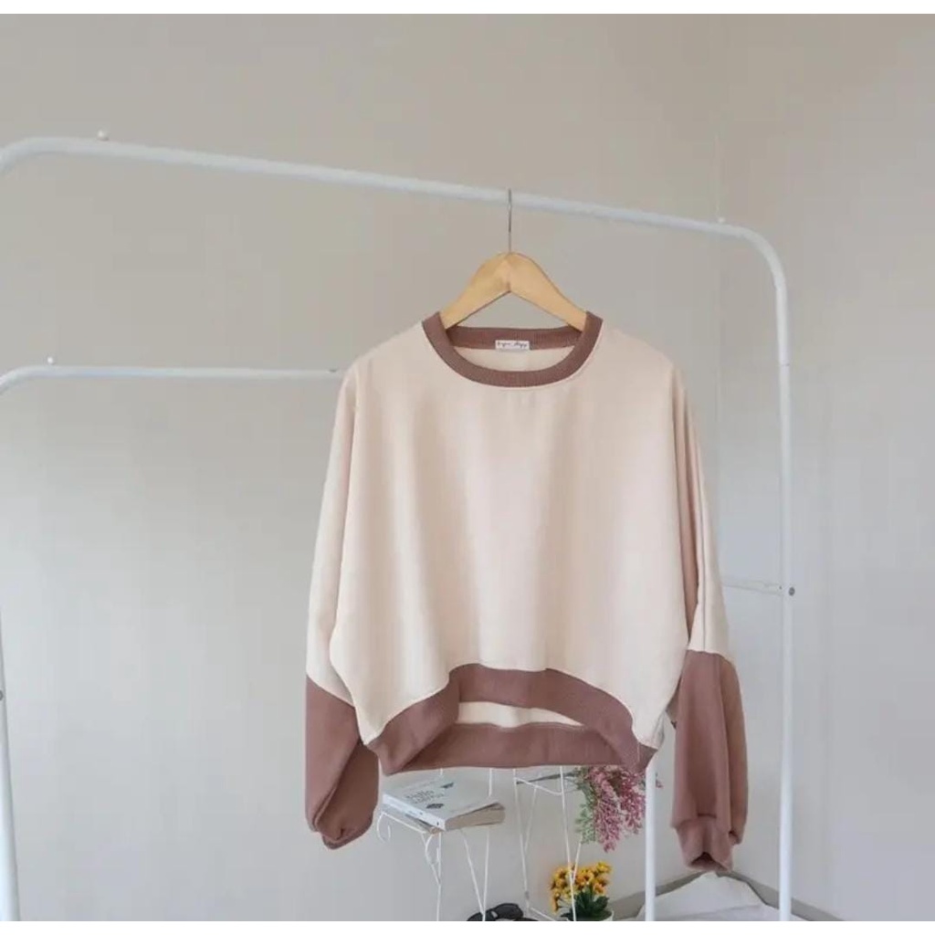 CROP OVERSIZE SWEATER WANITA COMBI ZOEY /// ATASAN WANITA KOREAN STYLE FLEECE TEBAL KEKINIAN TERBARU''