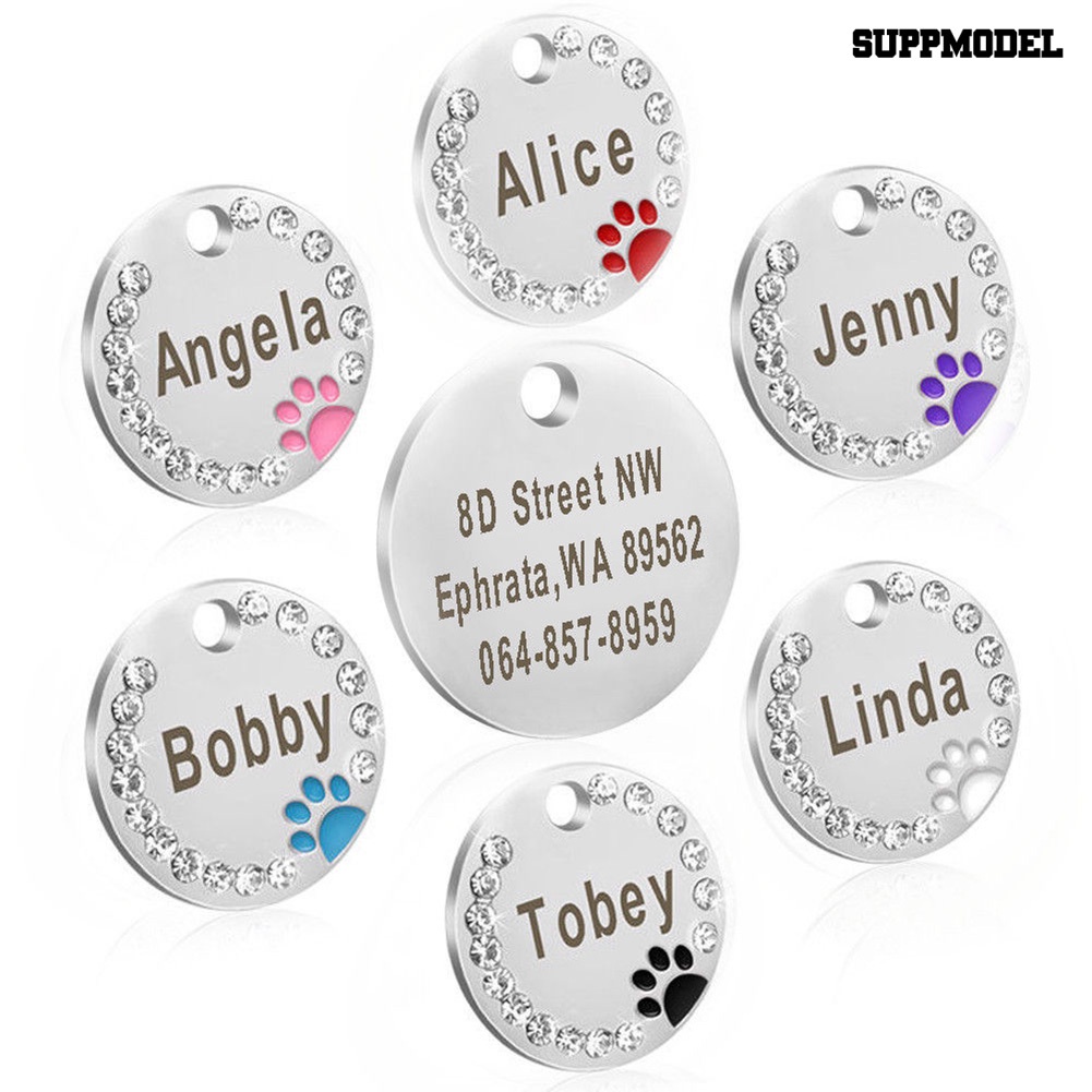 [SM] 25mm Metal Blank Dog Tag Paw Berlian Imitasi Kucing Peliharaan ID Nama Grafir Gantungan Kunci Rantai