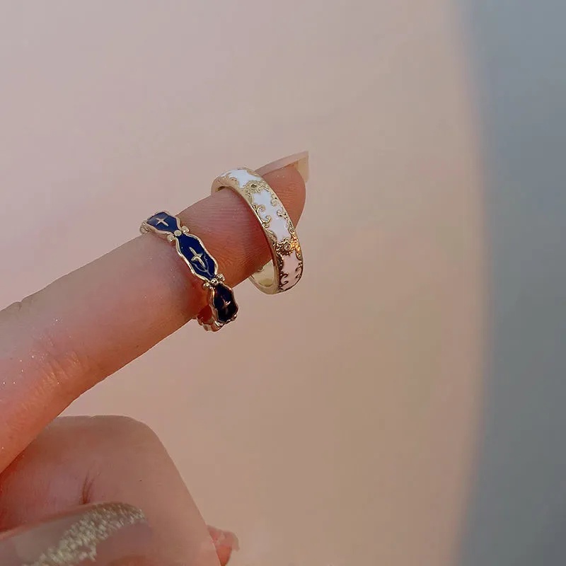 Enamel Halus Berwarna Terbuka Dapat Disesuaikan Cincin Retro Unik Perhiasan Untuk Wanita Perempuan Tetes Minyak Silang Cincin Pasangan Cincin Ins Gaya Bunga Cincin Fashion Elegan