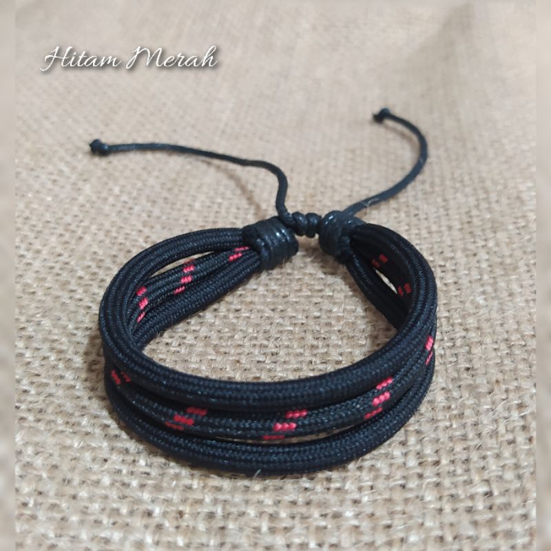 Gelang Tali Kombinasi 3 Rangkap Bulat Hitam Harga Grosir