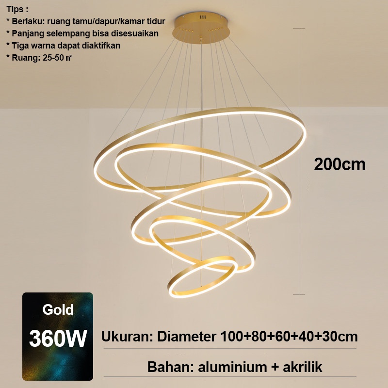 Golden LED Lampu Gantung Ring LED 5 RING 100cm REMOTE CONTROL GOLD  Minimalis Modern Ruang Tamu Untuk Kamar Tidur 3 Warna 360Watt