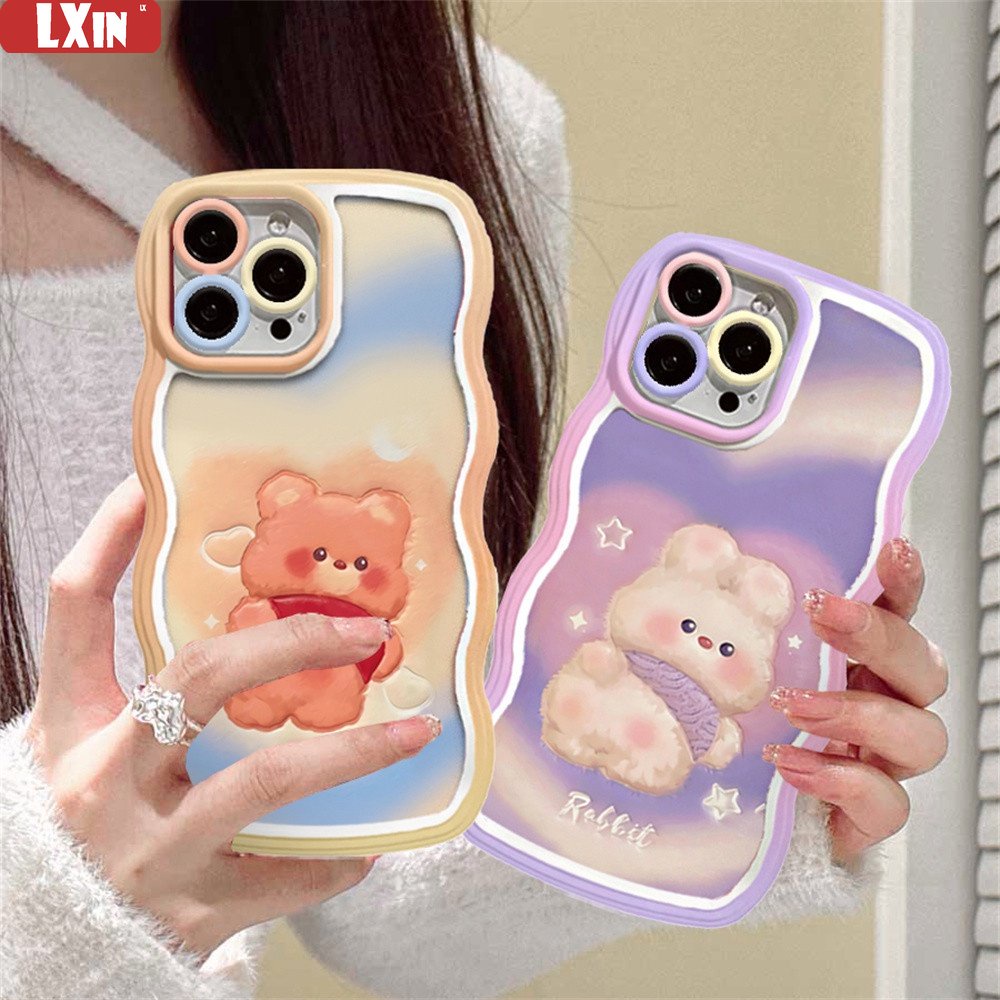 Case OPPO A17 A57 2022 A15 A16 A16K A54 A12 A5S A7 A94 A93 A3S A11k A53 A31 A52 A92 A37 F9 A1K A76 A36 5F A9 2020 Doodle love Lucu Beruang Kelinci Wave Edge TPU Phone Case Cover