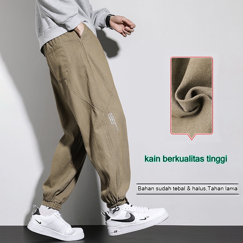 Celana cargo Fashion korea celana joger pria lurus loose pants pria celana kasual Fashion korea celana olahraga running hitam Pinggang Elastis celana panjang pria