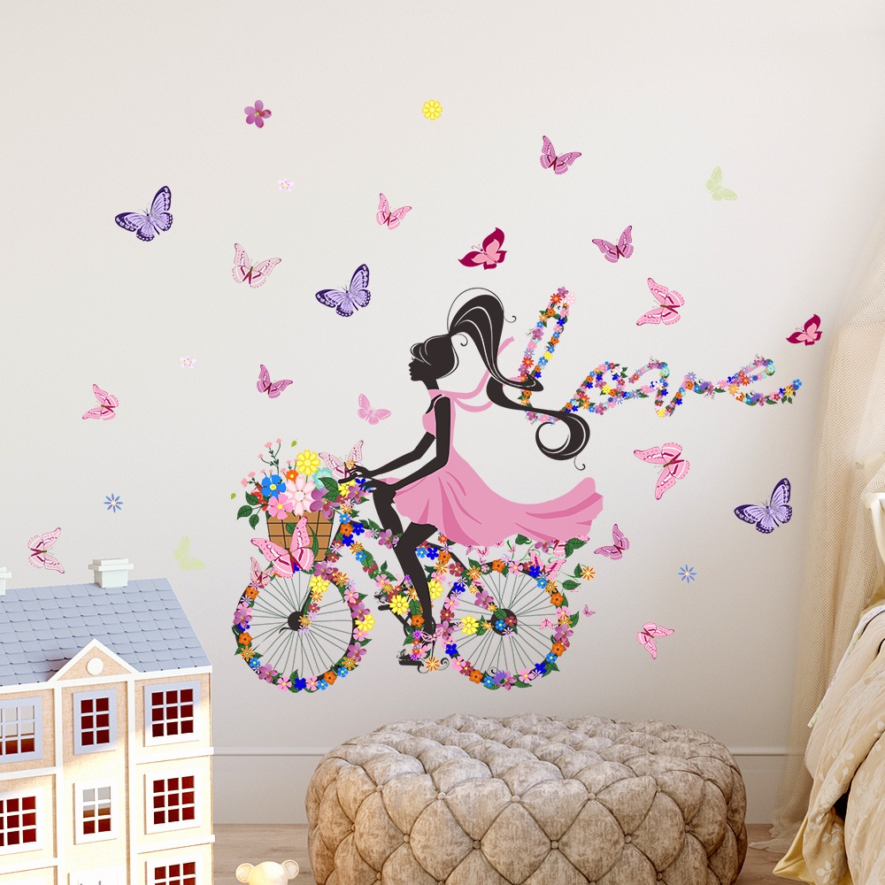 Kartun Gadis Jantung Kupu-Kupu PVC Stiker Dinding Gadis Latar Belakang Dekorasi Perekat Diri Wallpaper