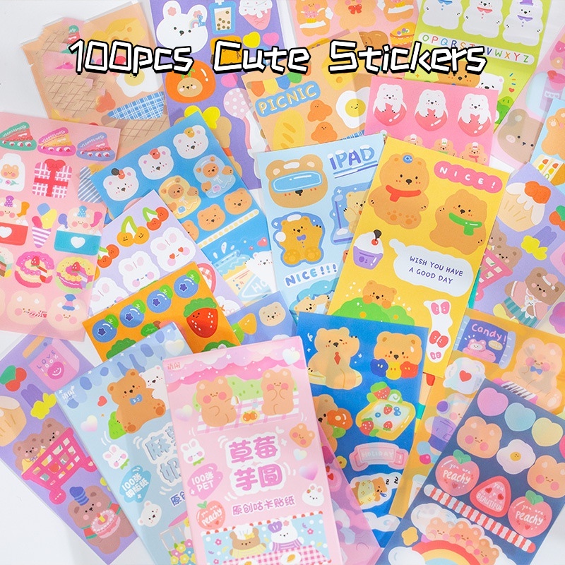 100pcs Stiker Lucu Tahan Air Tidak Berulang Kartun Kue Beruang Stiker Tangan Dekorasi Akun DIY Scrapbooking Bahan Hadiah Terbaik Untuk Teman