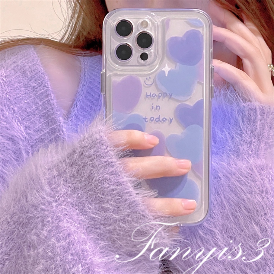 Compatible For iPhone 14 13 12 11 Pro Max X XR Xs Max 8 7 6 6s Plus SE 2020 Kompatibel Untuk Happy Purple Heart Phone Case Clear TPU Soft Cover Pelindung