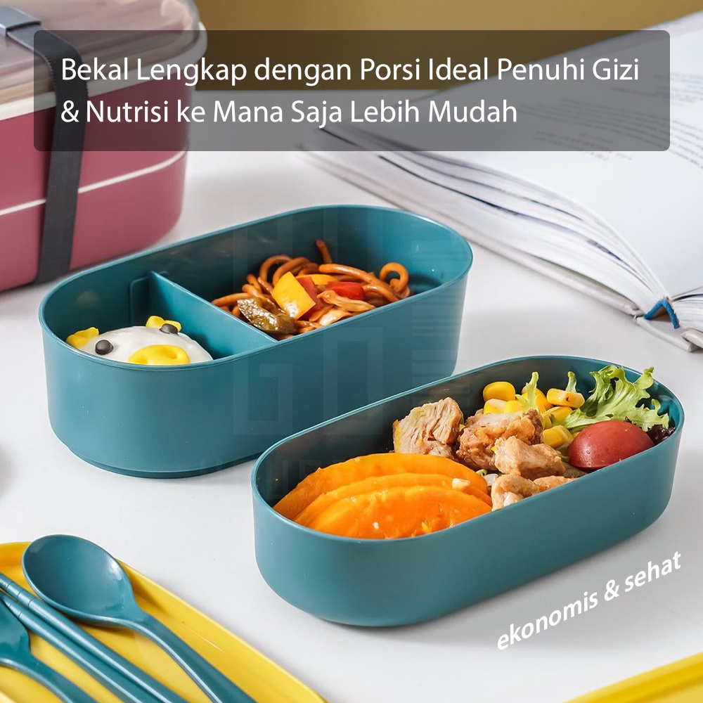 HUGO Kotak Bekal Makan Siang Lunchbox 2 Layer 700 ml Free Alat Makan Tempat Makan Set