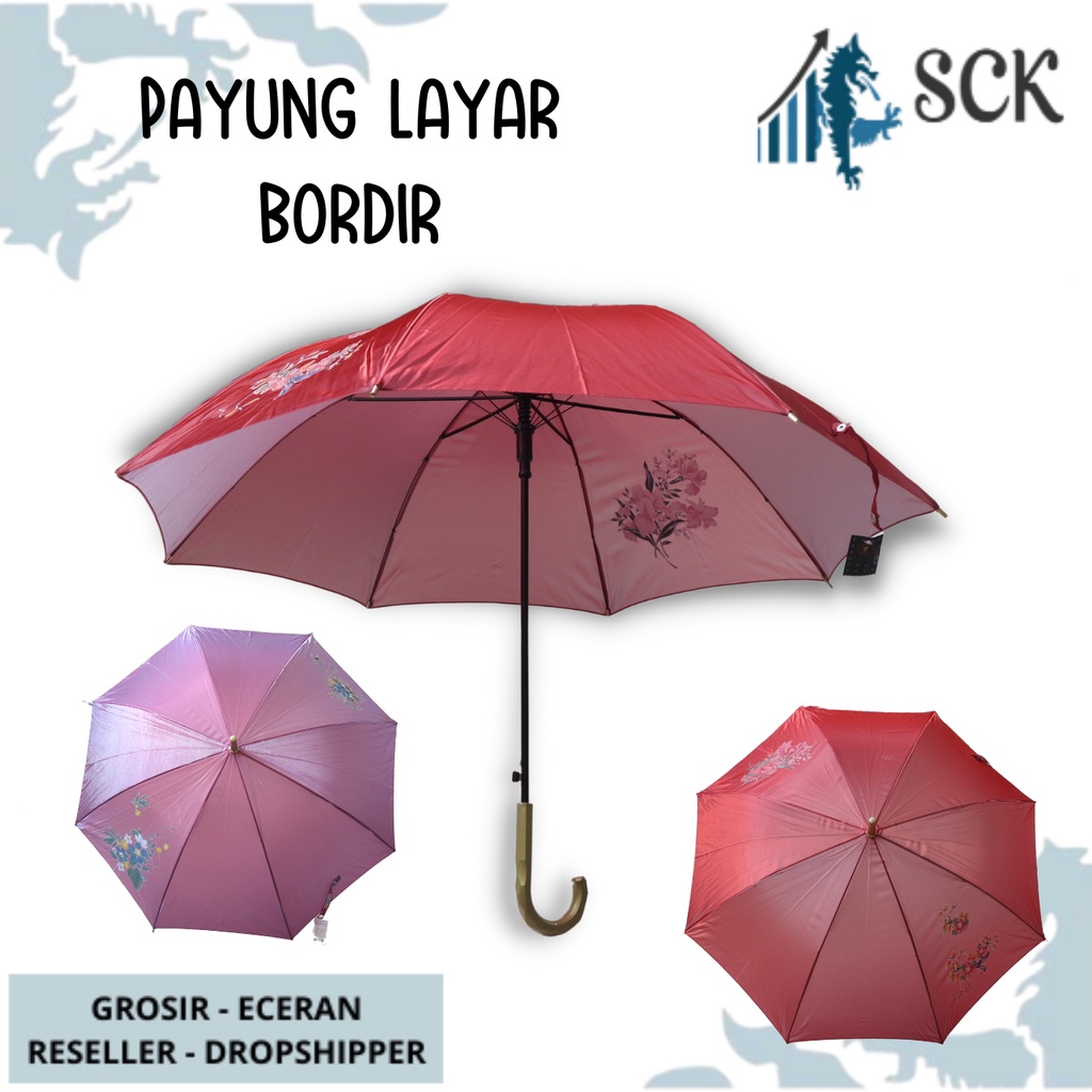 Payung LAYAR BUNGA BORDIR Polos 16 Jari Bahan Saten Motif Kembang - sckmenwear GROSIR