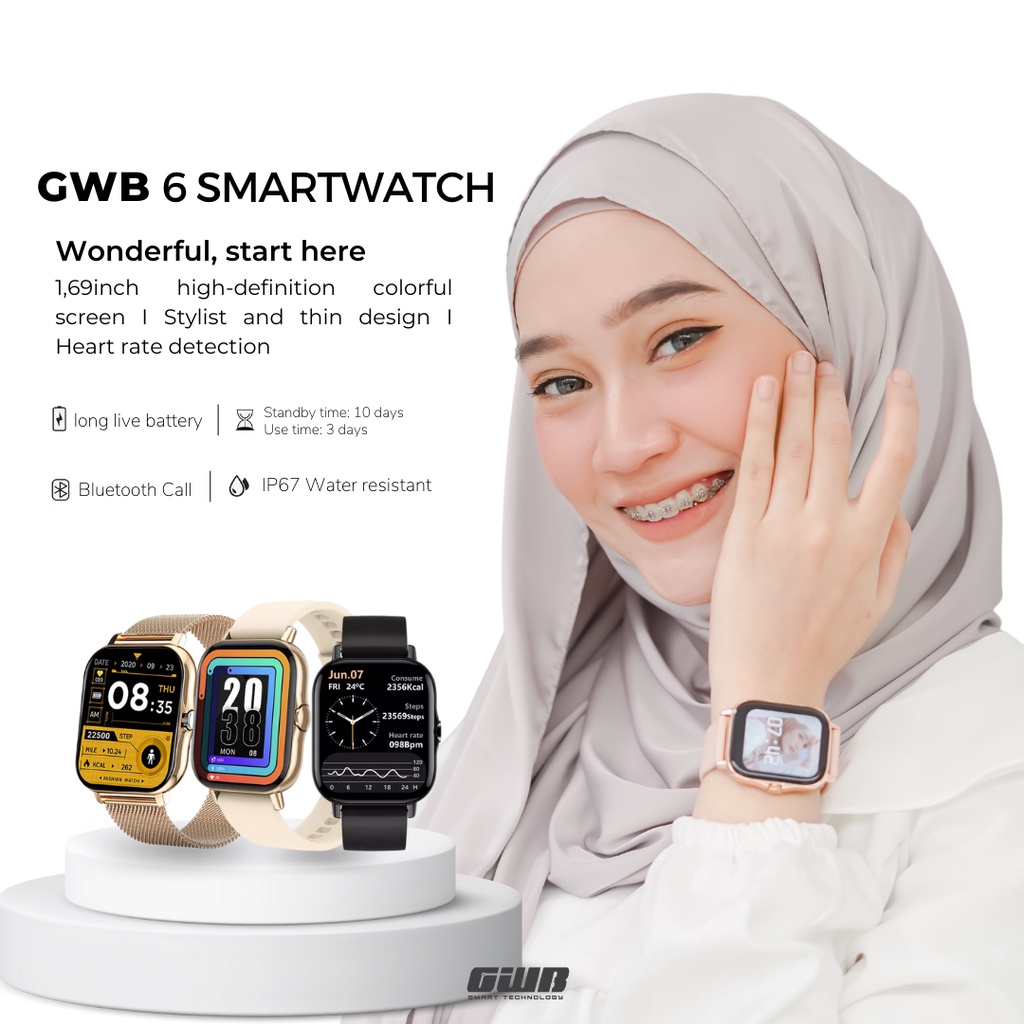 GWB 6 Smartwatch Original Magnetic Charging Kalkulator EKG HeartRate Sports Mode [FREE STRAP]