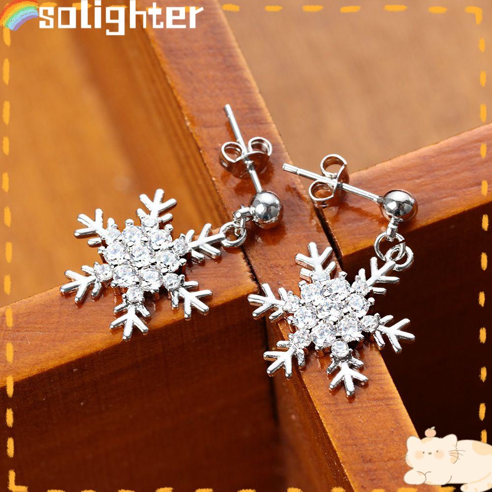 Solighter Anting Snowflake Stackable Perhiasan Natal Zircon