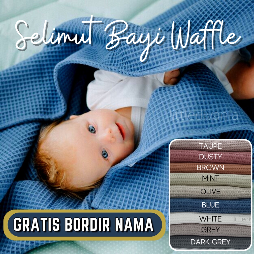 Selimut BORDIR NAMA No COD Selimut Bayi Waffle Baby Blanket Aesthetic Swaddle Wafer Aksesoris foto