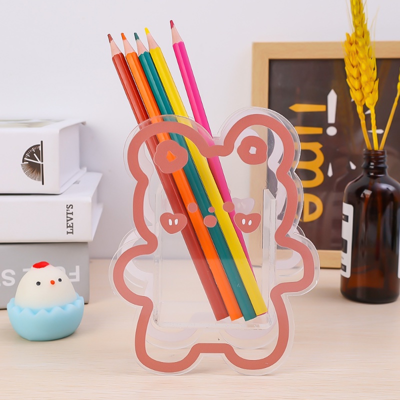 Kawaii Kartun Akrilik Tempat Pulpen/Transparan Motif Bunny Bear Bunga Brushes Makeup Kotak Penyimpanan Desktop Organizer