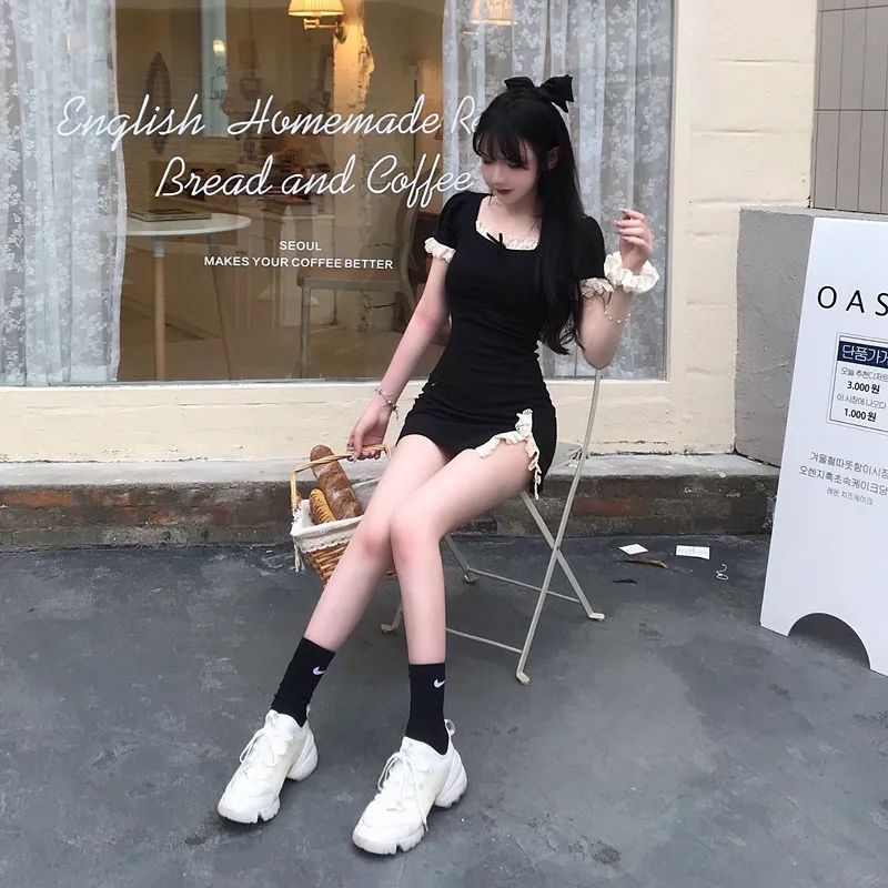 Red Kerah Persegi Ikatan Simpul Renda Edge Gaun Musim Panas Celah Cheongsam Seksi Cheongsam Gadis Panas Gaun Keinginan Manis Slim Fit Hip Rok