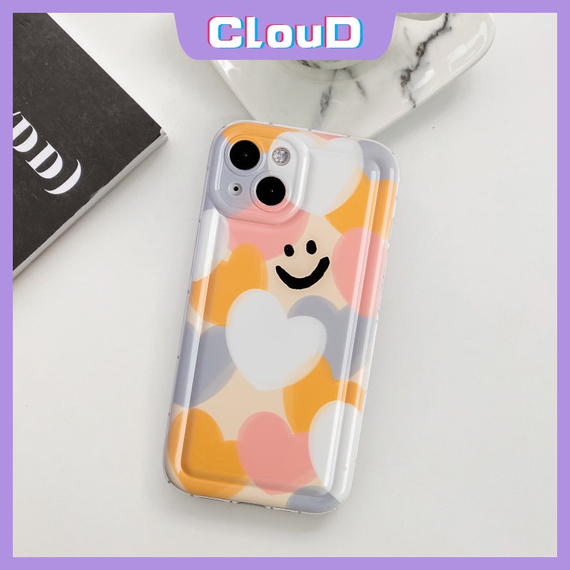 IPHONE Casing Ponsel Airbag Cinta Hati Warna-Warni Kompatibel Untuk Iphone11 14 12 13 Pro Max X XR 78 6s 6 Plus XS Max SE 2020 Kartun Smiley Lembut Tpu Pelindung Kamera Shockproof Cover