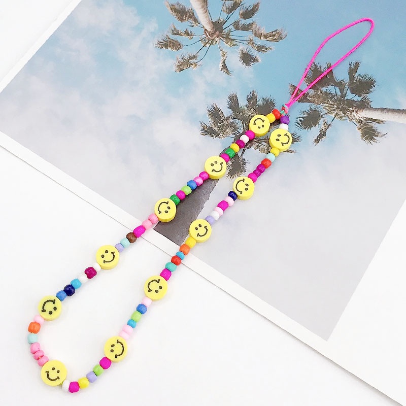 Smile Face Soft Clay Candy Color Rice Beads Chain Dengan Mutiara Tali Telepon Anti Hilang Untuk iPhone Android OPPO VIVO Huawei Xiaomi Redmi Samsung Semua Ponsel Earphone Cases