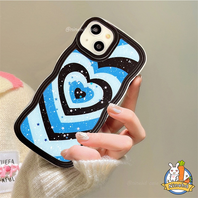 IPHONE Casing Kompatibel Untuk Iphone14 13 12 11 Pro Max X Xr Xs Max8 7 6 6s Plus SE 2020 Bling Bintang Gradien Biru Cinta Hati Casing Ponsel Shockproof Lembut Bergelombang Tepi Case Cover Pelindung