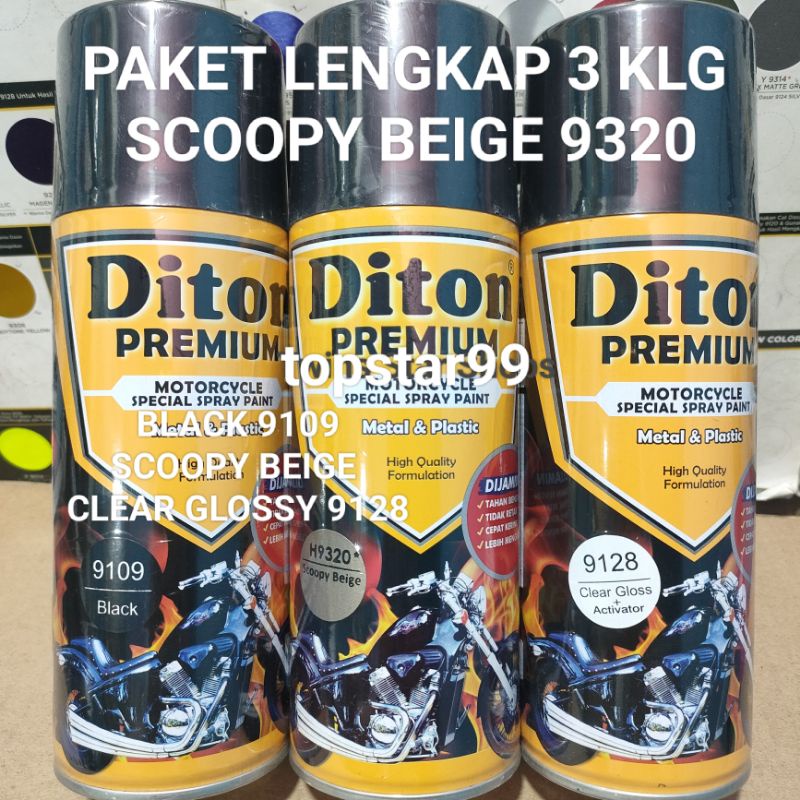 Diton Premium Paket Lengkap 3 Kaleng 400cc Scoopy Beige 9320 Black 9109 Clear Glossy 9128 Pilox Pilok Cat Semprot Spray Paint