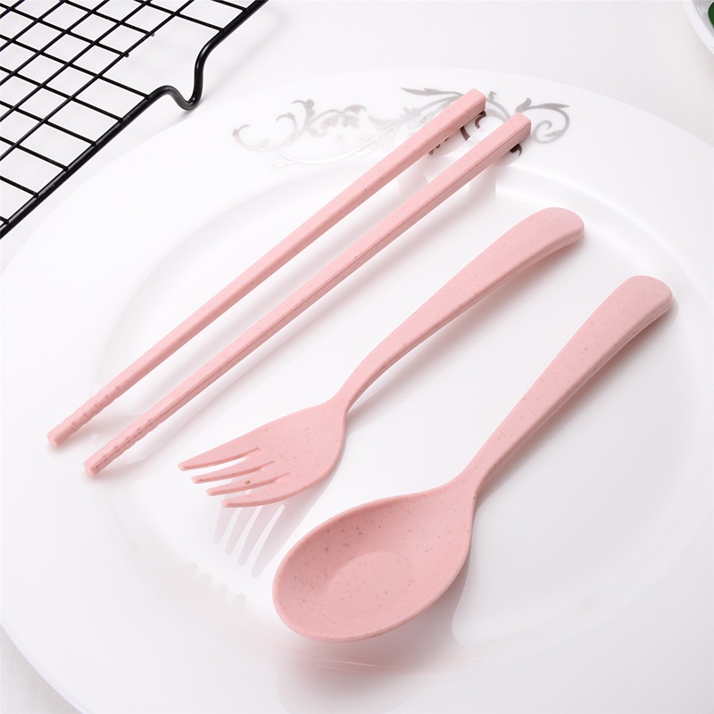 Set Alat Makan Korea Sendok Garpu Sumpit Wheat Straw Set Travel Plastik