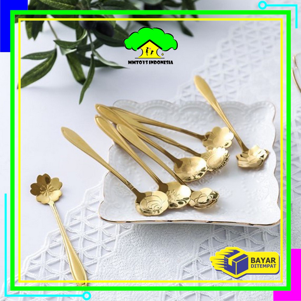 MI-C766 Sendok Korea Teh Kopi Kecil Stainless Steel Motif Love Elegant Warna Gold / Sendok Bunga Emas Spoon Dessert Import