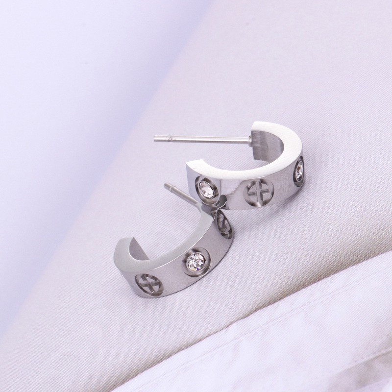 Anting Hoop Bentuk C Bahan Stainless Steel Aksen Berlian Zirkon Warna-Warni Hypoallergenic