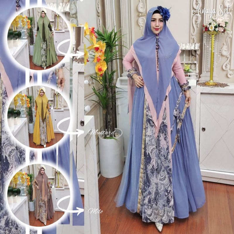 Terbaru syar'i Random - Ainaya Set Syari Original By Azzahra Matt Ceruty Babydoll Printing Mix ile D