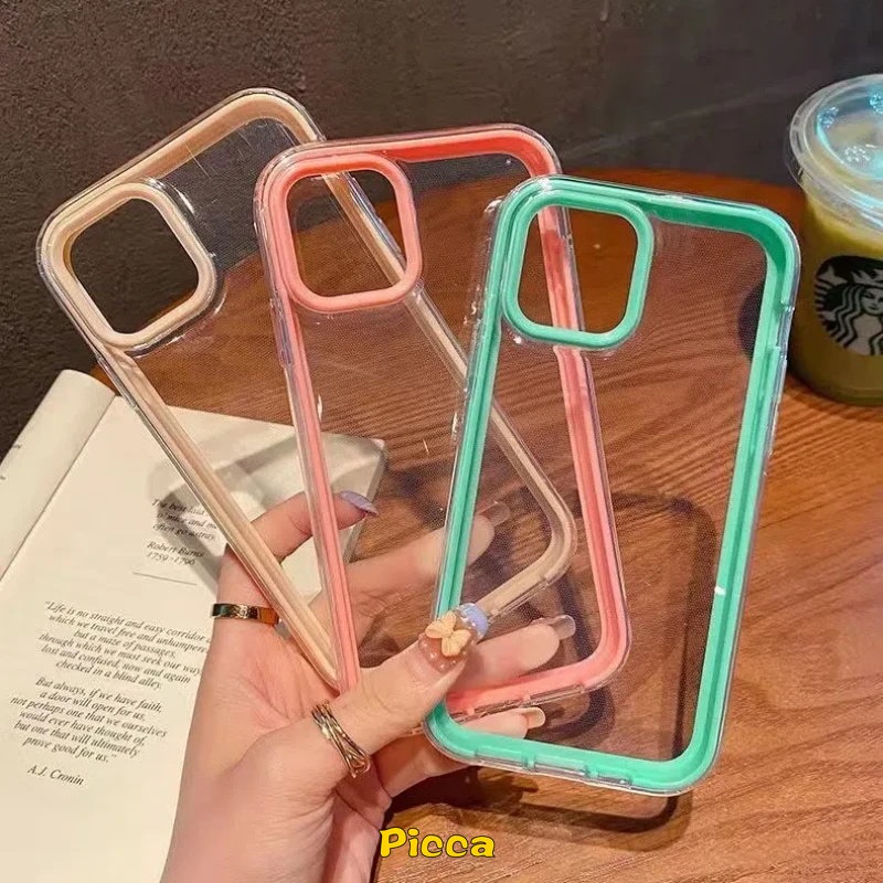 IPHONE Casing 3in1 Mewah Macaron Warna Permen Kompatibel Untuk Iphone11 7Plus 8Plus XR 13 12 11 14 Pro Max7 8 14 Plus X XS Max SE 2020 Silikon Transparan Shokcproof Bumper Soft Cover