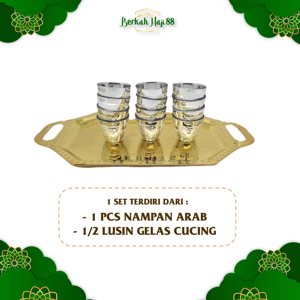 Paket 1 Set Gelas air Zamzam Silver Gold kaca 1/2 lusin Plus 1 Nampan Baki Gold Arab dan Gelas Cucing Arab Emas Premium