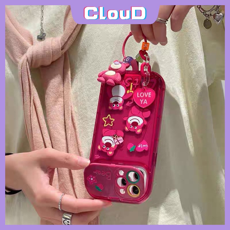 IPHONE Flip Make Up Cermin Rose Red Phone Case Kompatibel Untuk Iphone11 12 14 13 Pro Max XR 7 8 Plus X XS Max SE 2020 Kartun Lucu Strawberry Bear Manyo Cover