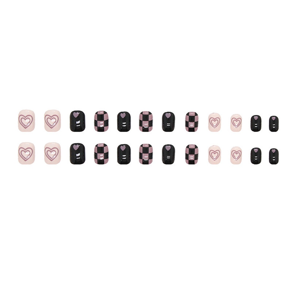 24pc/set Fashion Hitam Ungu Checker Wearable Nail Sweet Cool Love Shape Manicure Suit