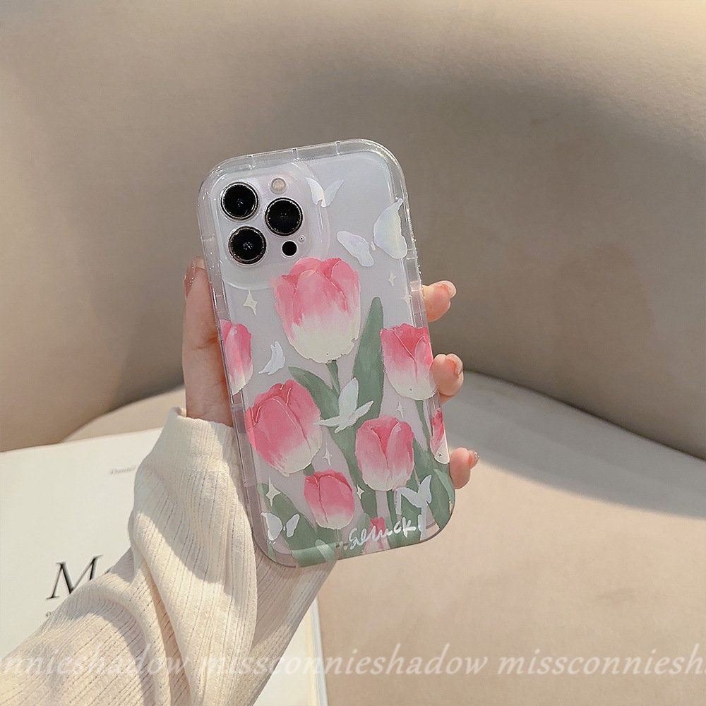 IPHONE Fashion Ins Korea Lukisan Minyak Tulip Case Kompatibel Untuk Iphone11 13 12 14 Pro Max 7Plus 8Plus XR 6 6s 8 7 Plus X XS Max SE 2020 Fresh Spring Flowers Shockproof Airbag Soft Cover