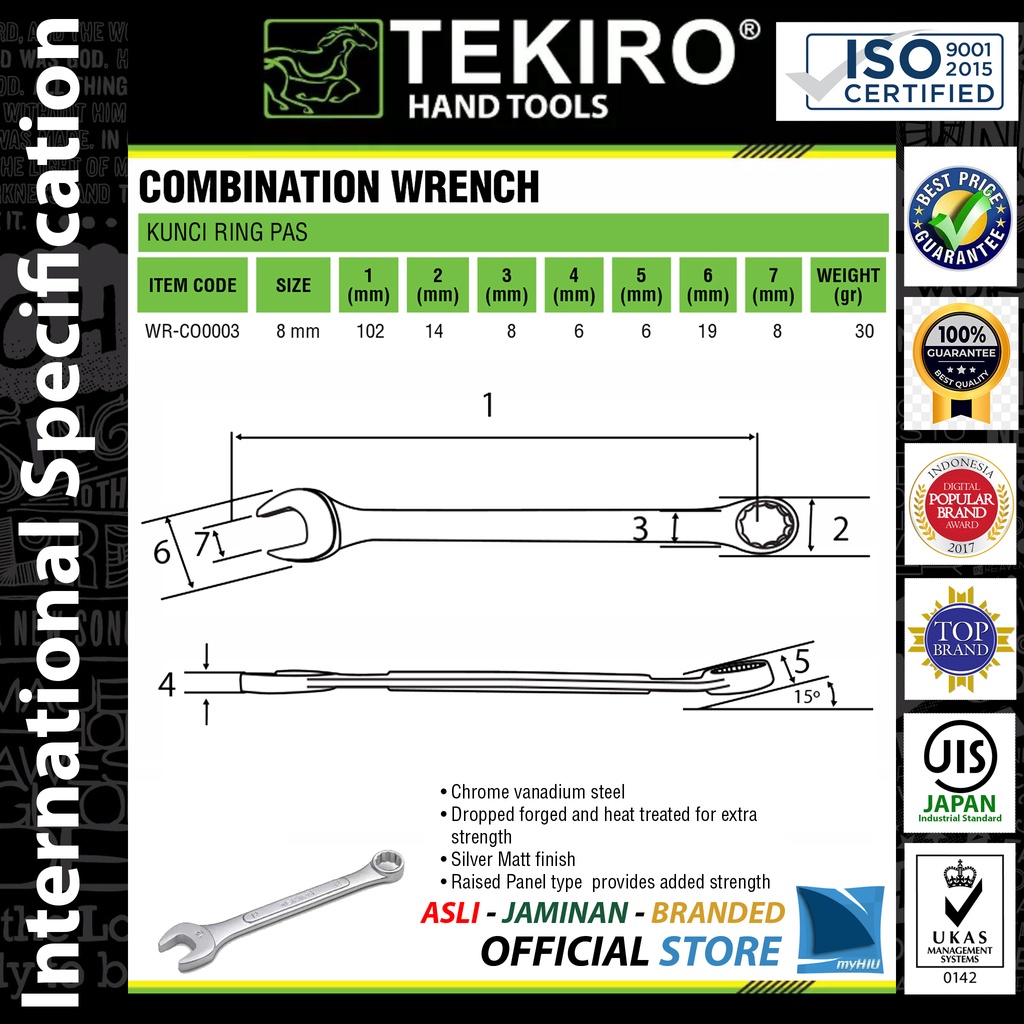 Paket GOKIL Kunci Ring Pas 7 mm dan 8 mm - Combination Wrench Set TEKIRO