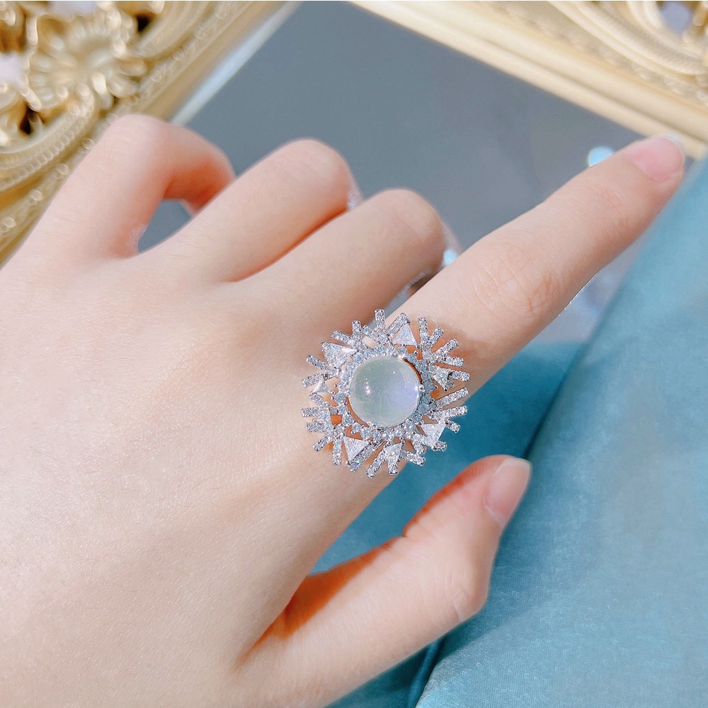 Goldkingdom Fashion Perhiasan Aksesoris Ready Stock Niche Desain Cahaya Mewah Angin Moonlight Batu Cincin Yang Dapat Disesuaikan Kreatif Terang Laut Biru Starlight Snowflake Cincin Perempuan