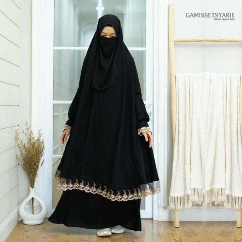 HARGA TERMURAH Baju Syar'i Khadijah Set Khimar Bolong Tangan Renda Gold Free Cadar Tali