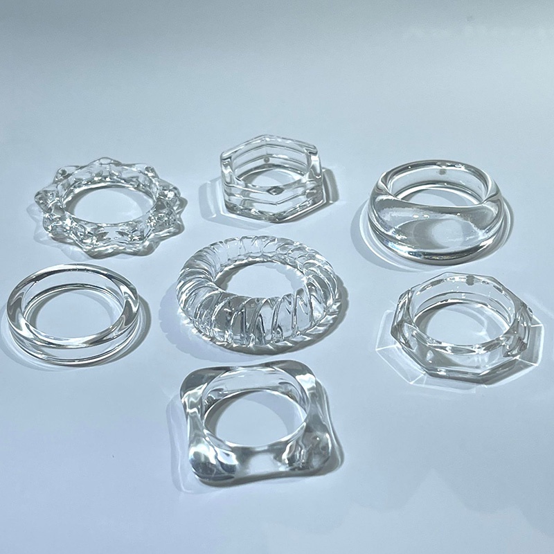 7pcs/set Cincin Set Geometris Transparan Resin Korea Untuk Wanita