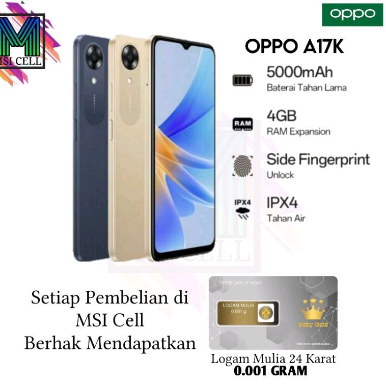 OPPO A17K Ram 3/64 MediaTek Helio G35 (Free Logam Mulia)