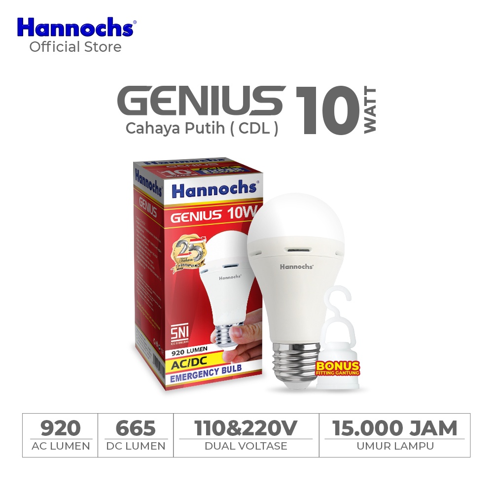 Hannochs Genius Bohlam Lampu LED Emergency 6-8-10-12-15 Watt Cool Daylight Putih BONUS Fitting Gantung