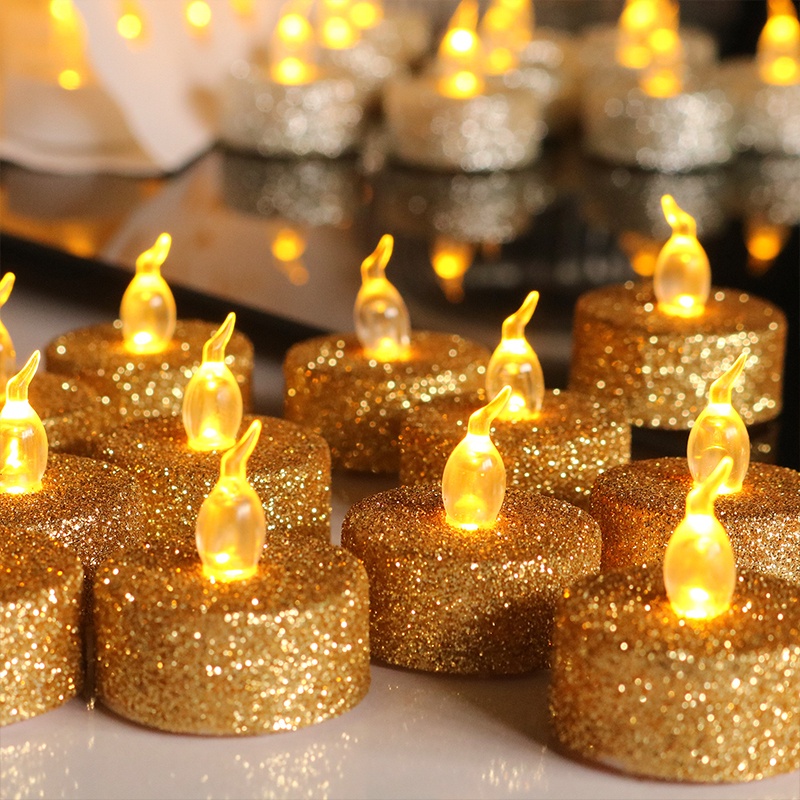 [Unggulan] 1 Pc Glitter Gold Silver LED Tealight Merah Berbentuk Hati Simulasi Lilin Cahaya Perlengkapan Pesta Hari Valentine Dekorasi Rumah