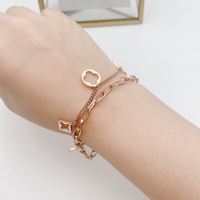 2022 Gelang Tangan Rantai Motif Geometri Clover Hollow Untuk Wanita | Kalung Rantai Rose Gold 18kt Bahan Titanium Steel Untuk Wanita