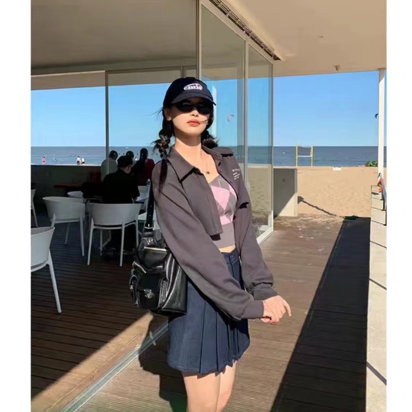 Wrap Top Rajut Lengan Panjang Wanita Kotak Kotak Sweater Knit