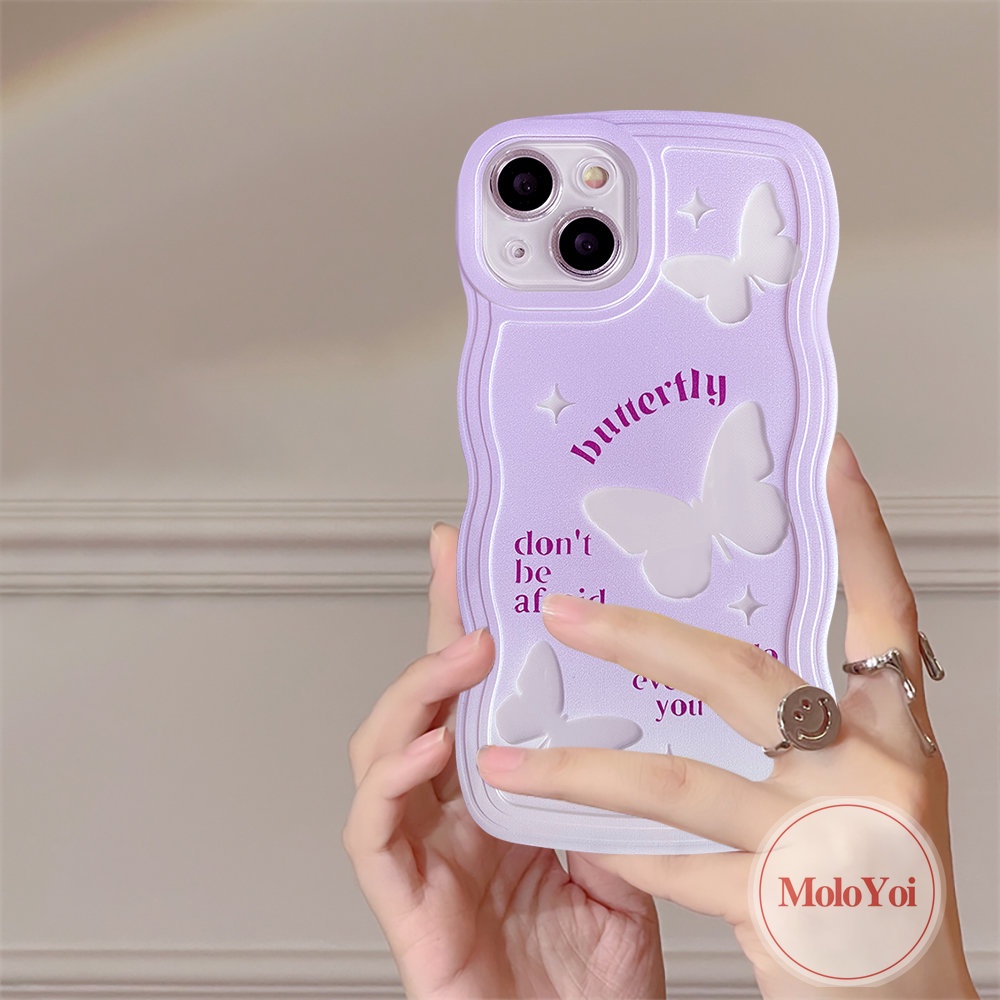 IPHONE Casing Ponsel Kompatibel Untuk Iphone11 14 13 12 Pro Max 6 6s 8 7 Plus XR X XS Max SE 2020 14 Plus Gradasi Ungu Fantastis Kupu-Kupu Tepi Bergelombang Lembut TPU Cover