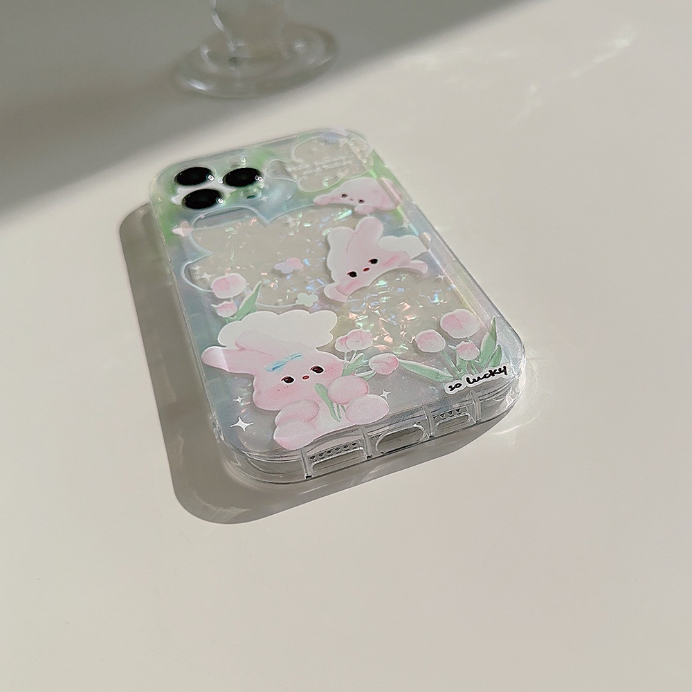 IPHONE Cute Pink Bunny Kelinci Musim Semi Kerang Pola Transparan Shockproof Casing Ponsel Cover Untuk Iphone11 12 13 14 PLUS PRO MAX