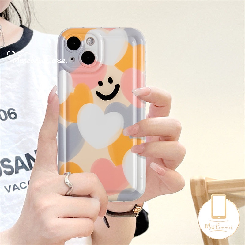 IPHONE Case Cinta Hati Warna-Warni Kompatibel Untuk Iphone11 14 13 12 Pro Max6 7 8 6S Plus XR X XS MAX SE 2020 Kartun Lucu Smiley Pelindung Kamera Lembut TPU Shockproof Airbag Silicon Cover